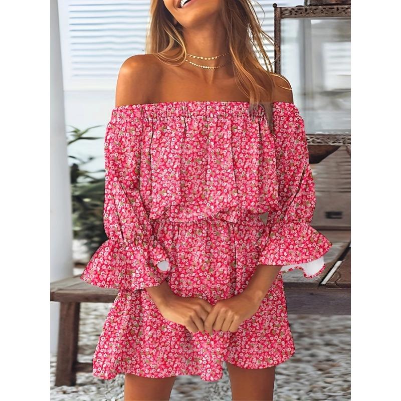 

VEZFAA Женская мода Лето Весна Цветочный узор Принт Рукава 3/4 Одно плечо Средняя талия Повседневные платья S красный