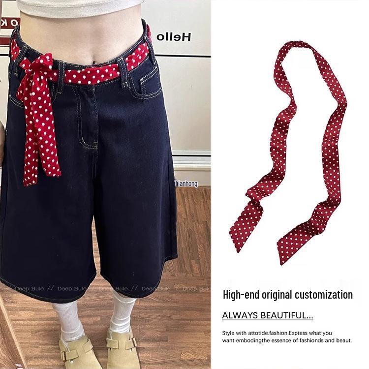 Retro Red Polka Dot Silk Scarf Belt - Korean Style Thin Waistband for Women