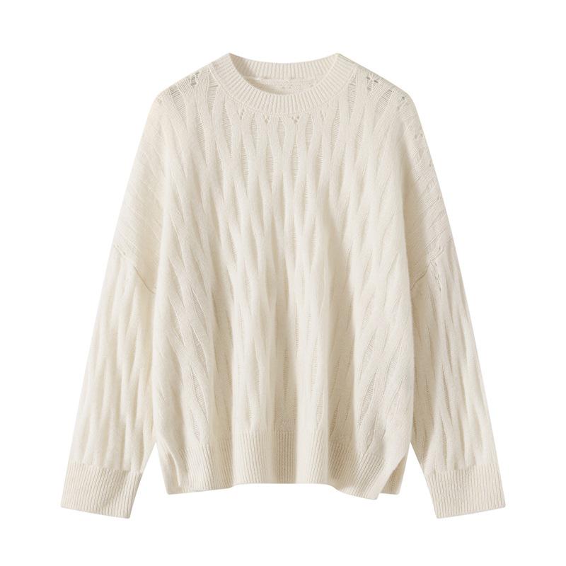 Women's 100% Pure Cashmere Hollow Out Cable Knit Round Neck Sweater - Autumn Winter Retro Pullover
