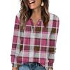 Women's Fashion V-Neck Button-Up T-Shirt With Check Print Long Sleeves