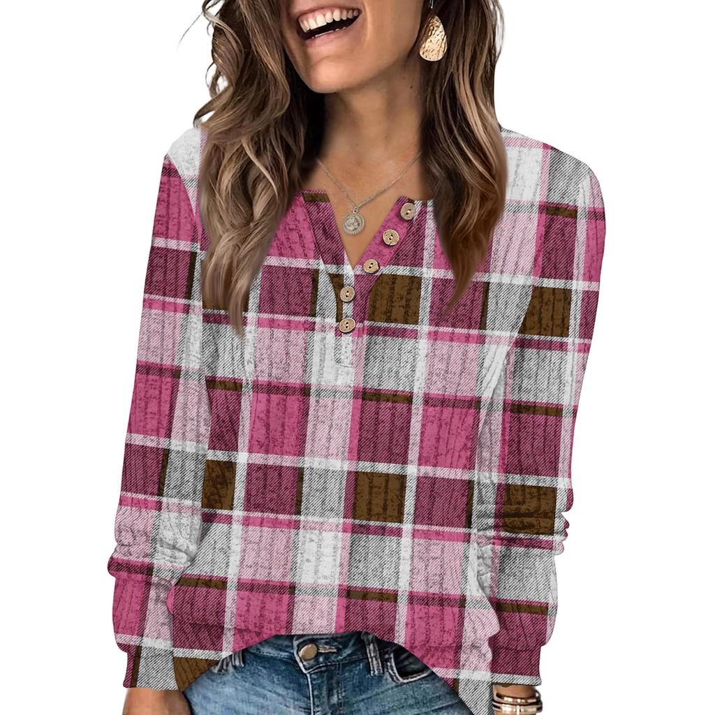 Women's Fashion V-Neck Button-Up T-Shirt With Check Print Long Sleeves