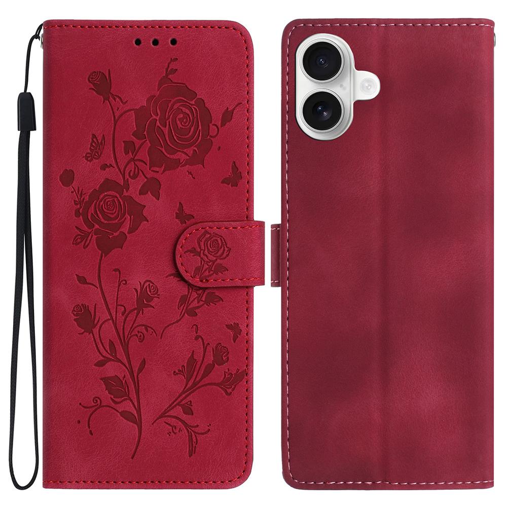 

For iPhone 16 Wallet Case Rose Pattern Imprinted Leather Flip Stand Phone Cover Red