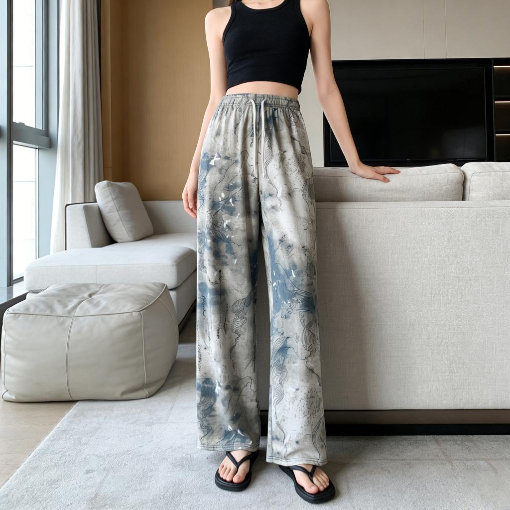 Ice silk wide-leg pants women's summer thin new Chinese ink cool pants high-waisted casual pants trousers women's clothing