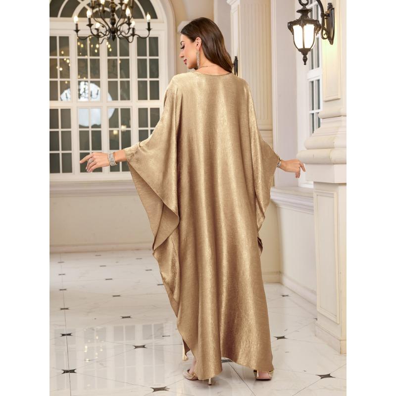 ქალთა მოდა საგაზაფხულო შემოდგომა ერთიანი ფერადი პრინტი გრძელმკლავიანი V-კისერი თავისუფალი წელის ჩვეულებრივი კაბები