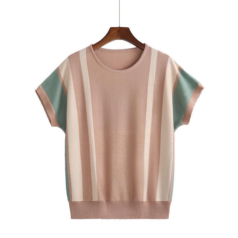 Summer Casual Striped Patchwork T-shirt Women Contrasting Colors Round Neck Commute Short Sleeve Pullovers New