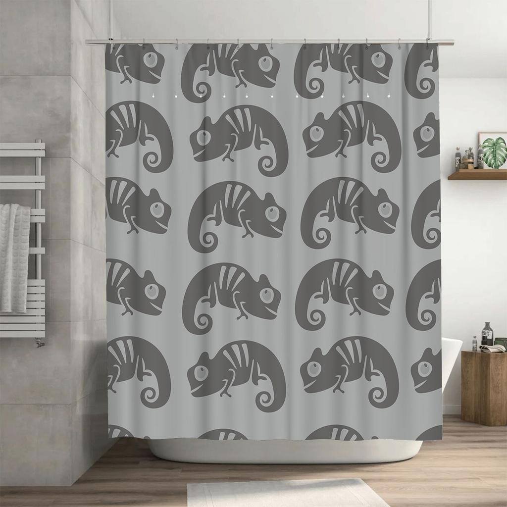 Stylish Chameleon Shower Curtain Set for Bathroom Decor Modern Grey Animal Pattern Waterproof Fabric 240x180cm