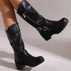 2025 Retro Women Mid Calf Boots Round Toe Thick Heels 5cm Platform 2cm Zipper Belt Buckle Plus Size 44 45 Daily Bota