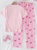 Soft Stretchy Bow Print Pajama Set Crew Neck Solid Short Sleeve Top & Striped Long Pants Cute Casual Summer Loungewear Sleepwear Outfit for Women