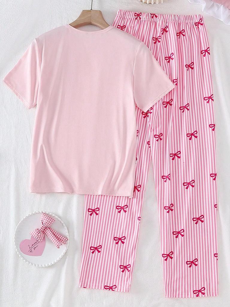 Soft Stretchy Bow Print Pajama Set Crew Neck Solid Short Sleeve Top & Striped Long Pants Cute Casual Summer Loungewear Sleepwear Outfit for Women