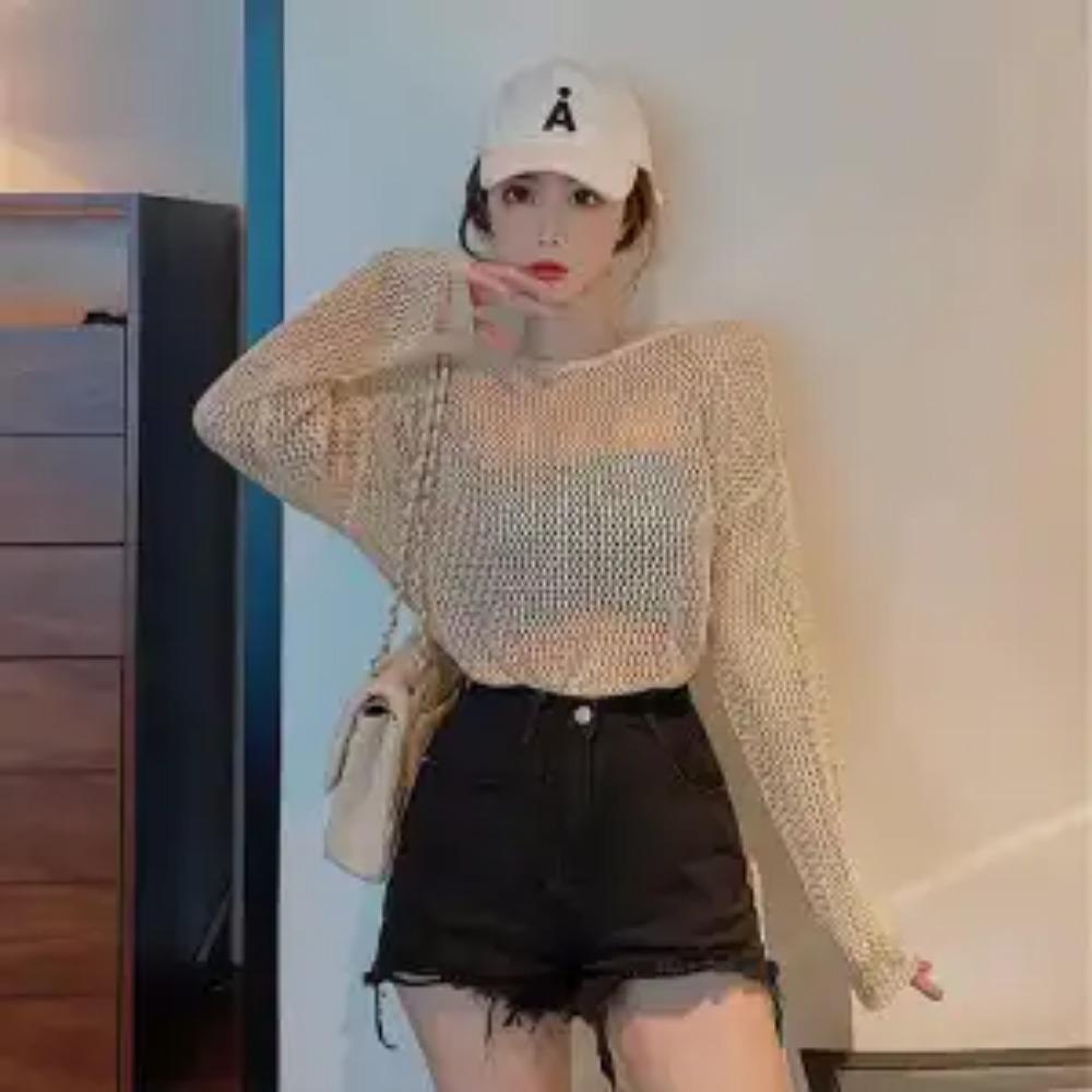 Wide Truffle Back Pearl Chain Long Sleeved Hollow Knit Sweater Autumn Korean Version Ice Silk Sunscreen Shirt Top for Women