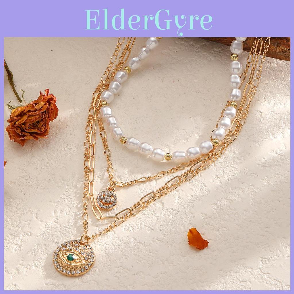 Layered Alloy Chain Necklace With Smile Face And Evil Eye Design For Ladies