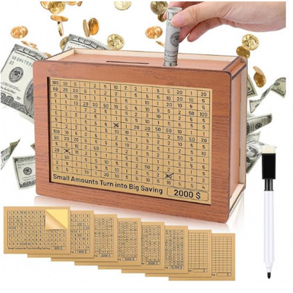USD or EURO Cash Vault Wooden Savings Box with Money Target and Numbers, Coin Counter Piggy Bank with Counter and Pen