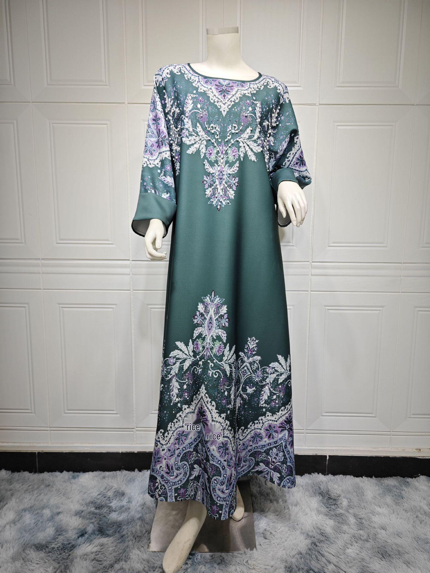 

AB325 Платье-халат миди с цветочным принтом в ближневосточном стиле - Женское платье-пуловер с деталями из термостраз L темно-зеленого