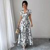2025 Spring and Summer New Printed Ruffle Edge V-neck Sexy Slim and Thin Long Dress Dress