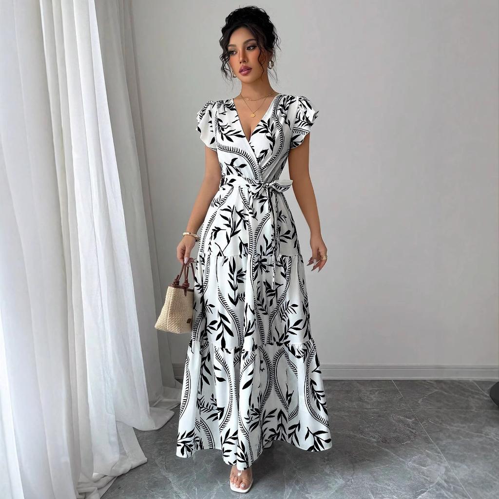 2025 Spring and Summer New Printed Ruffle Edge V-neck Sexy Slim and Thin Long Dress Dress