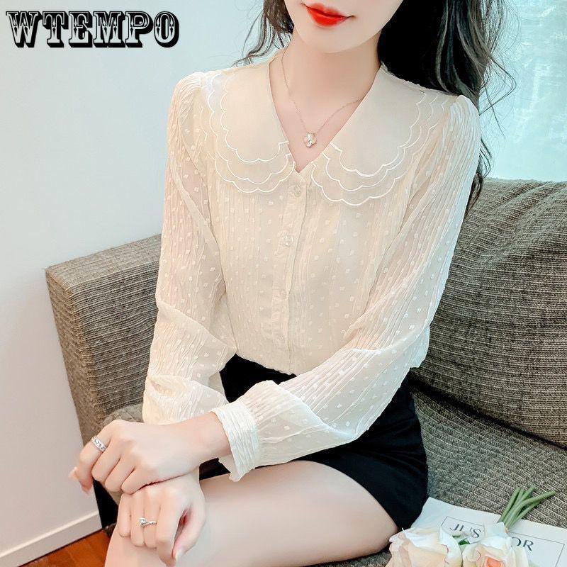 Long Sleeve Doll Neck Chiffon Shirt for Women Loose Long Sleeved Shirt for Women