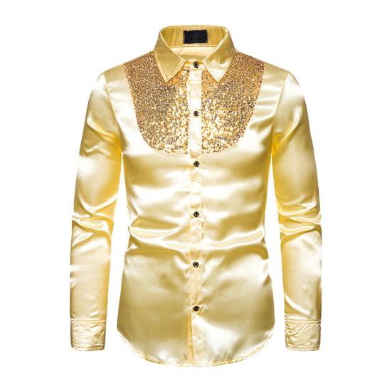 Men Retro Glossy Shirt Lapel Button-up Shirt with Sequins Vintage Formal Shirt for Disco Bars Nightclubs Parties