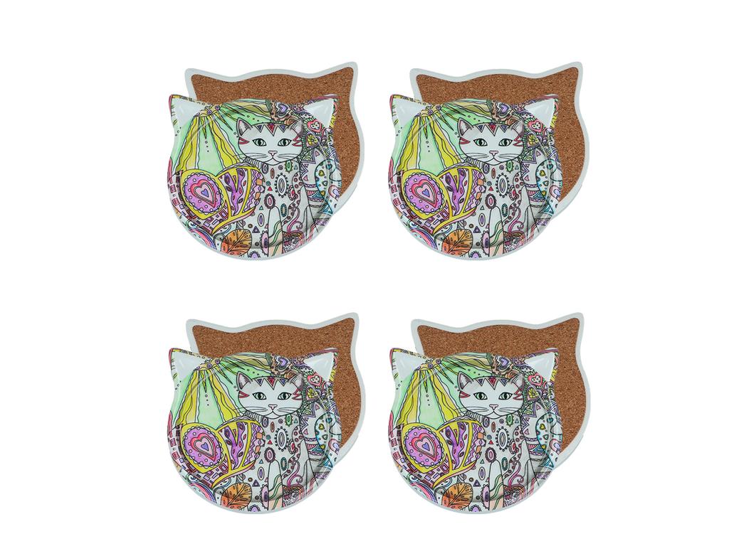 Set of 4 Ceramic Coasters with Ears Cats Mats Under Cup Cat Lovers