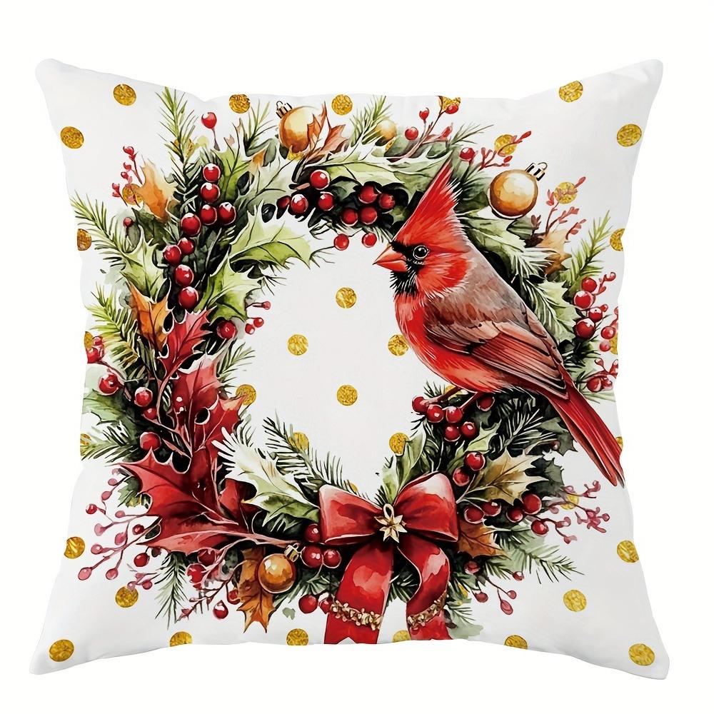 Față de pernă de decor de Crăciun, ghirlandă, lumânare, model pasăre, potrivită pentru casă, cameră, sufragerie, husă pernă canapea, cadou pentru prieten