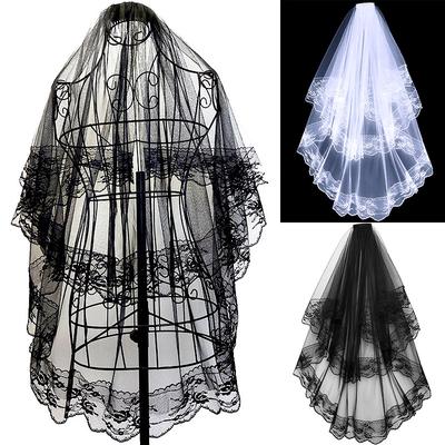 Lace Bridal Veils with Comb Short Two Layer Elegant Vintage Wedding Veils for Bride Cosplay Costume Hair Accessories Black Whit