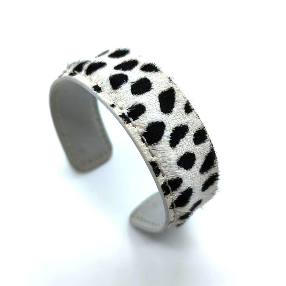 Stitched Real-leather Horsehair Bracelet Furry C-shaped Open Bracelet Leopard Print Bangle  Gift
