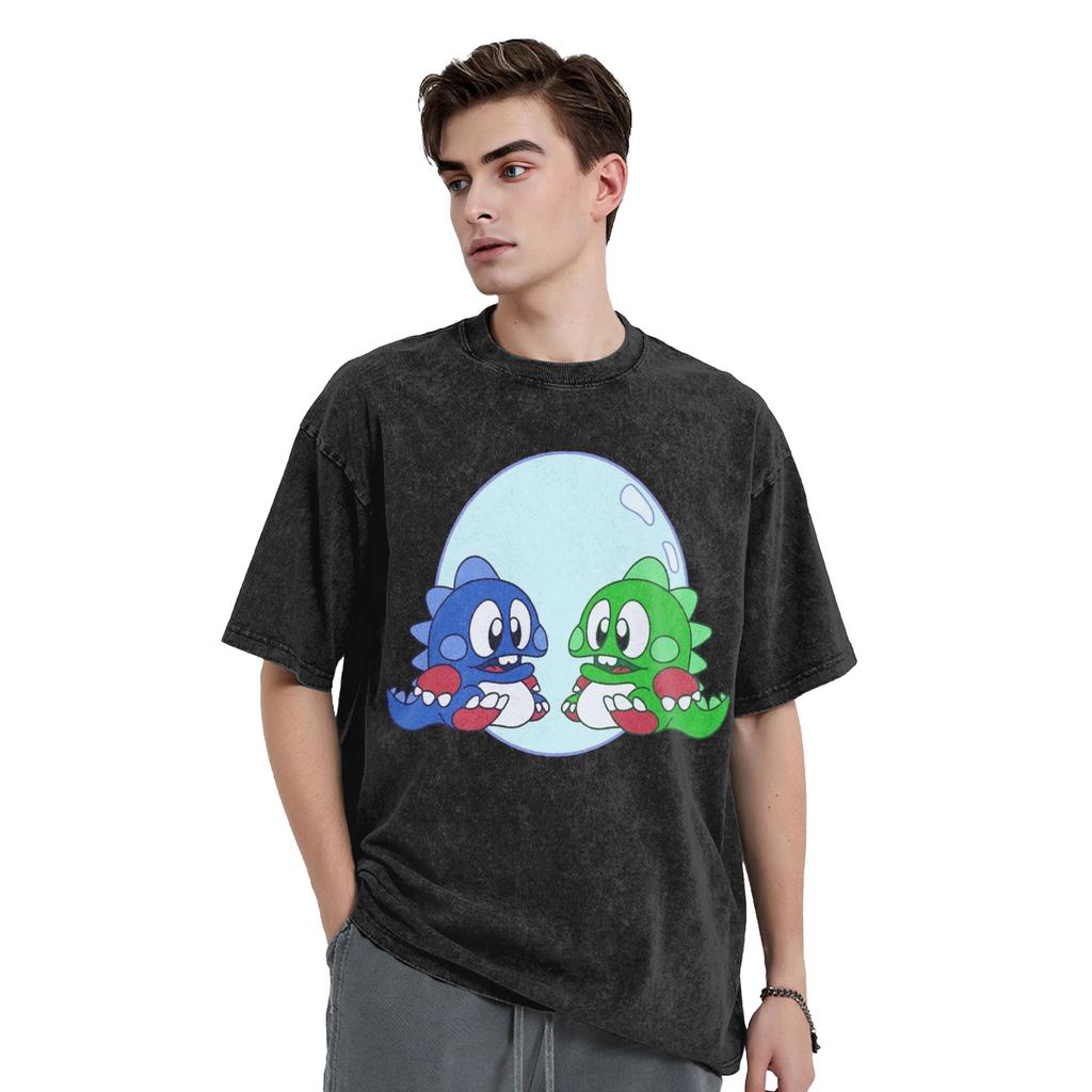 Bubble Bobble Game Characters Washed T Shirt Streetwear Hip Hop Vintage T-Shirts Tees Men Women Cotton Harajuku Printed