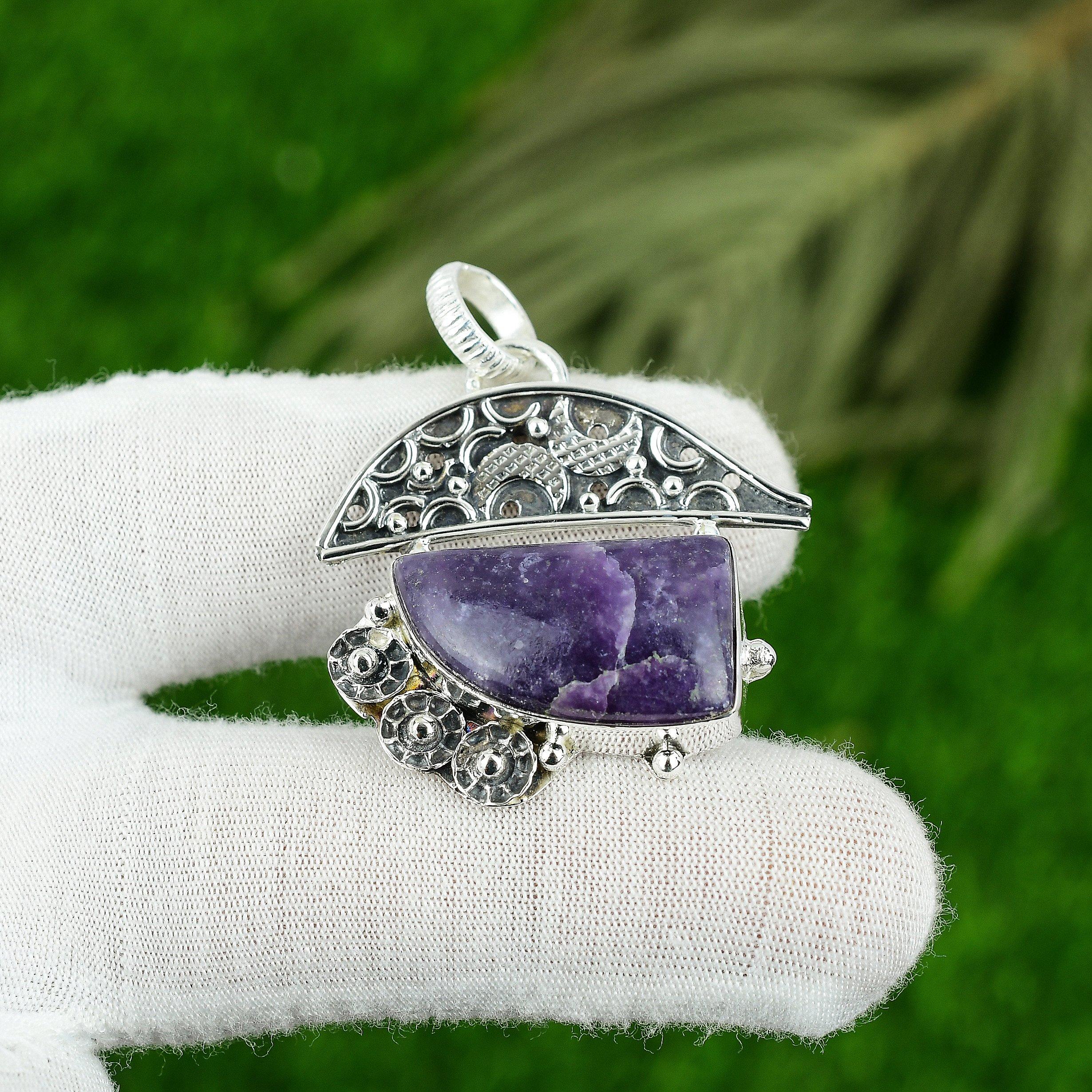 925 Sterling Silver Chevron Amethyst Stone Art Deco Sister Bezel Pendant Jewelry