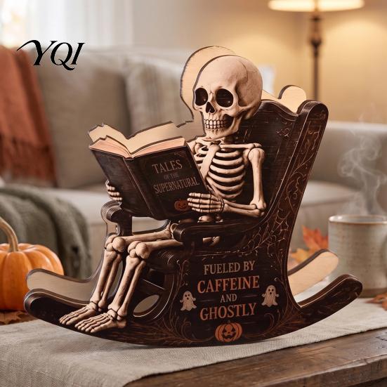 Spooky Bookshelf Ornament Halloween Rocking Chair Ghost/Skeleton Ornament, Wooden Desktop Decoration, Dynamic Skeleton Reader Decor Ghost Figurine for