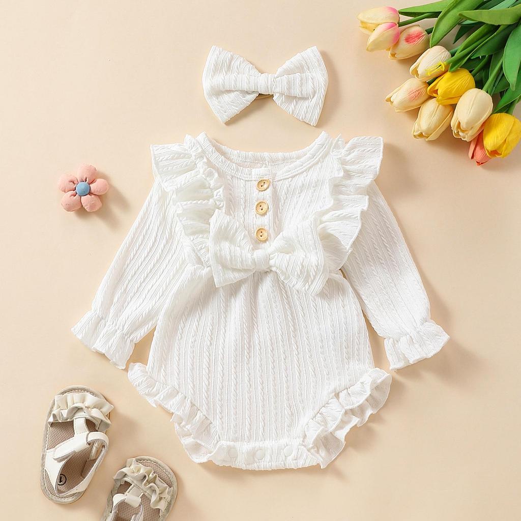 E2302A Toddler Girls' Princess Bow Romper with Headband - Sweet Long Sleeve Two-Piece Outfit