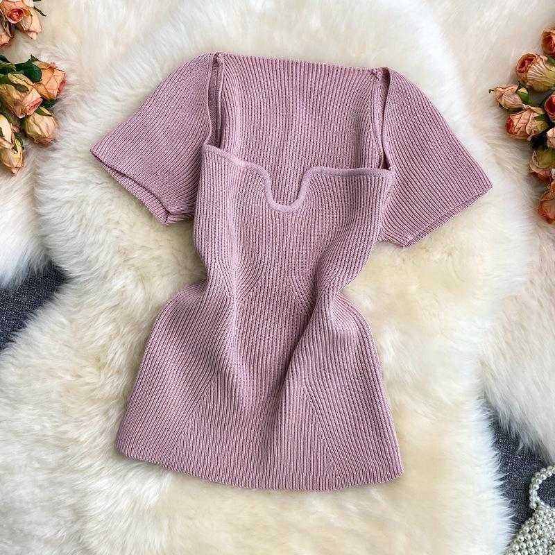 Women Summer Color Solid T Shirt Short Sleeve Square Collar Straight Tee Shirt Wear Top