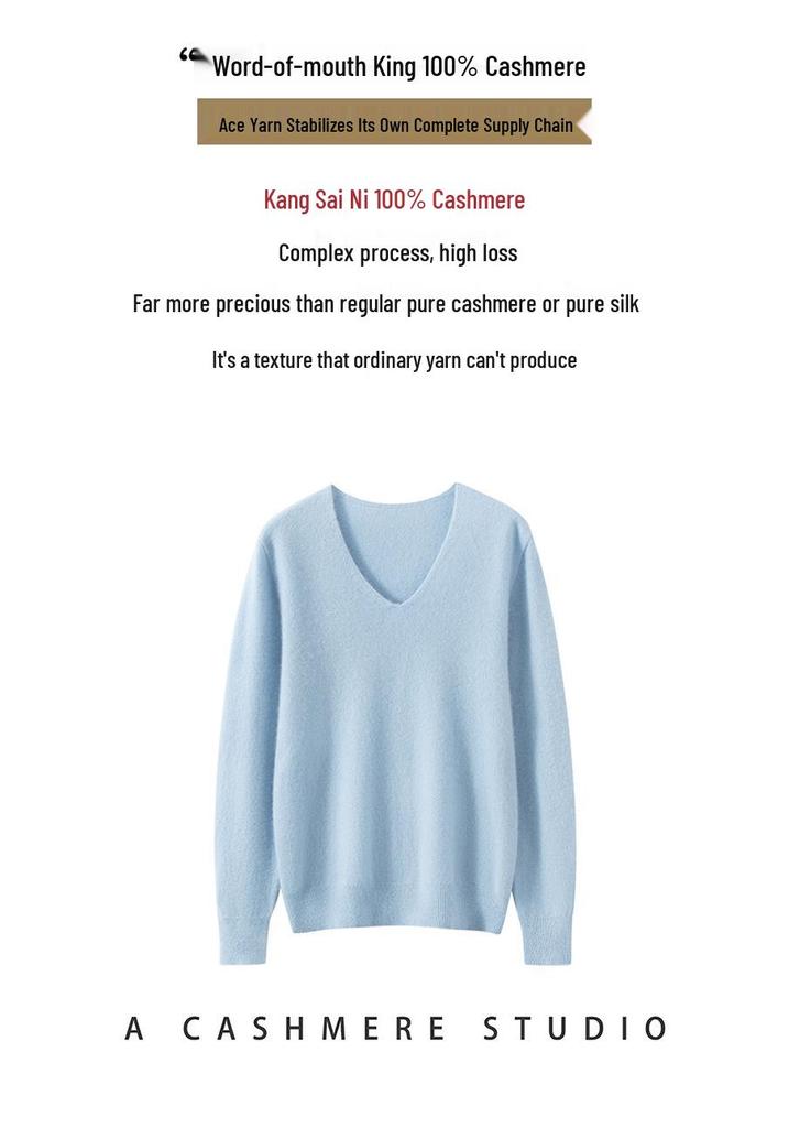 Women's 100% Pure Cashmere V-Neck Long Sleeve Pullover Sweater for Spring and Autumn.
