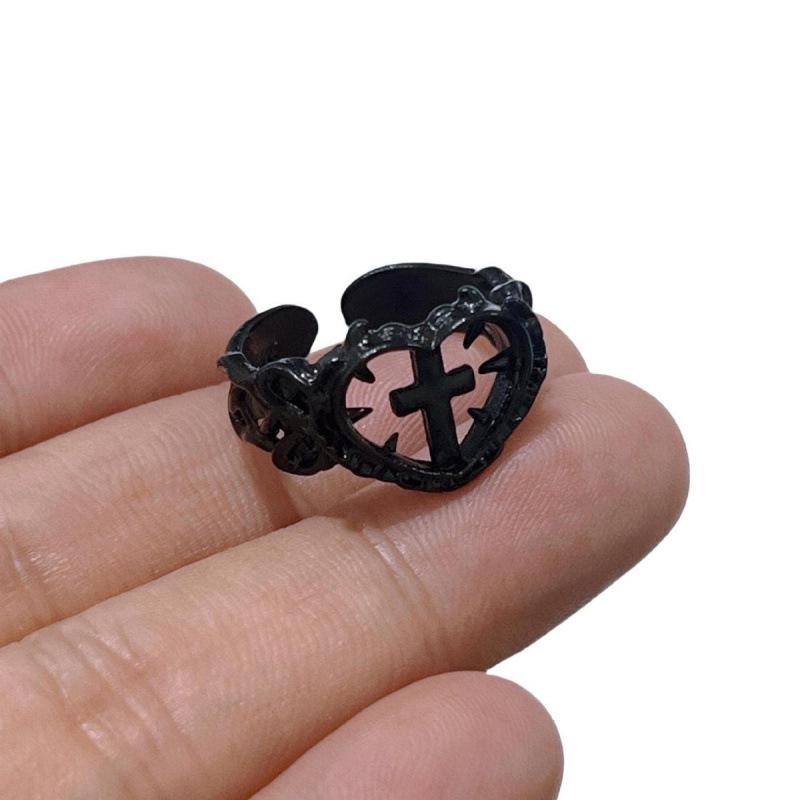 Adjustable Black Heart Gothic Victorian Cross Ring - Alternative Jewelry