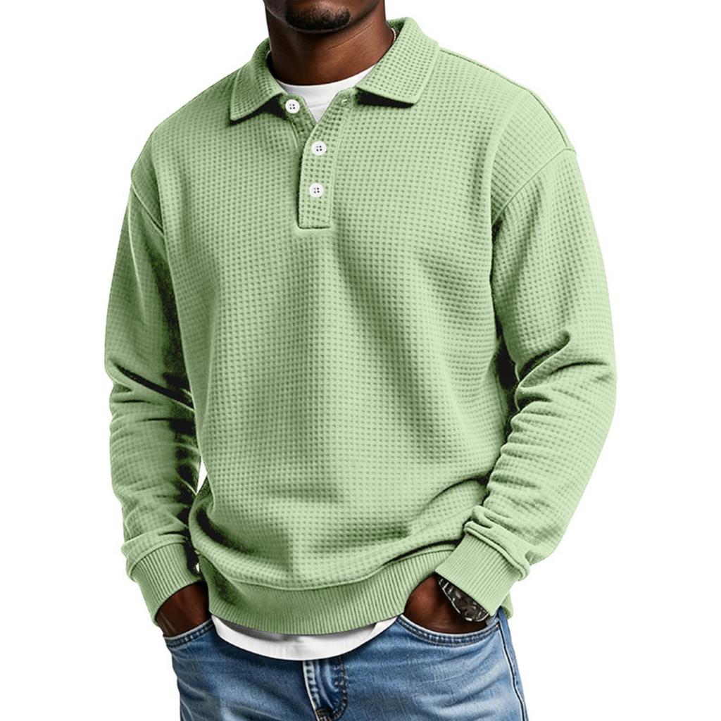 Men's Casual Long Sleeve Waffle Knit Polo Shirt Button Collar Pullover Lightweight Comfortable Fit Layering Top