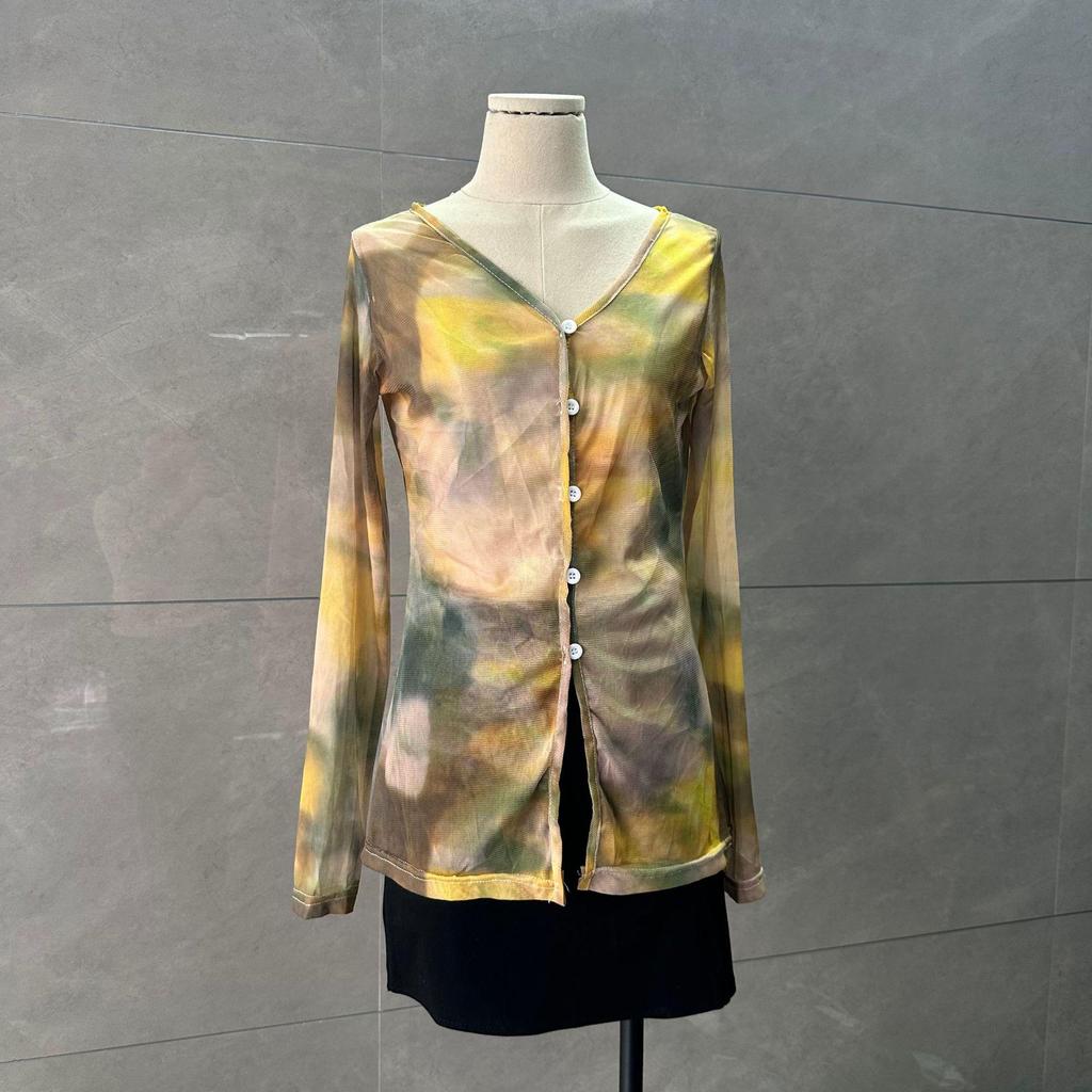 Chic Retro Tie-Dye V-Neck Mesh Sun Protection Cardigan with Stylish Long Sleeves
