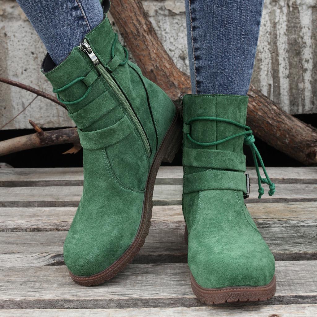 Fashion Women Retro Brown Platform Buckle Round Toe Boots 2025 Winter Side Zipper Ankle Boots Woman Thick Sole Faux Suede Botas Mujer