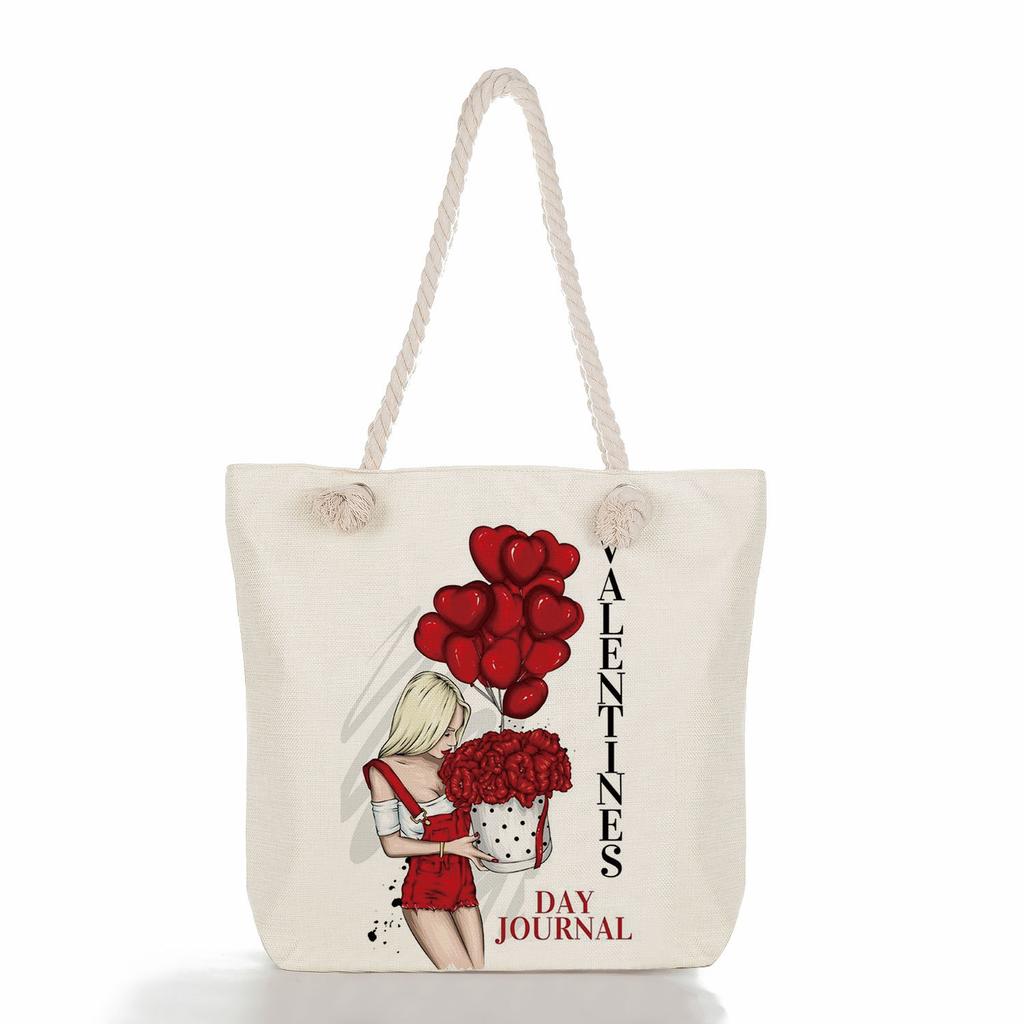 Multifunctional Coffee-colored Girl Printed Thick Rope Shoulder Beach Bag Casual Large Capacity Handbag 0107