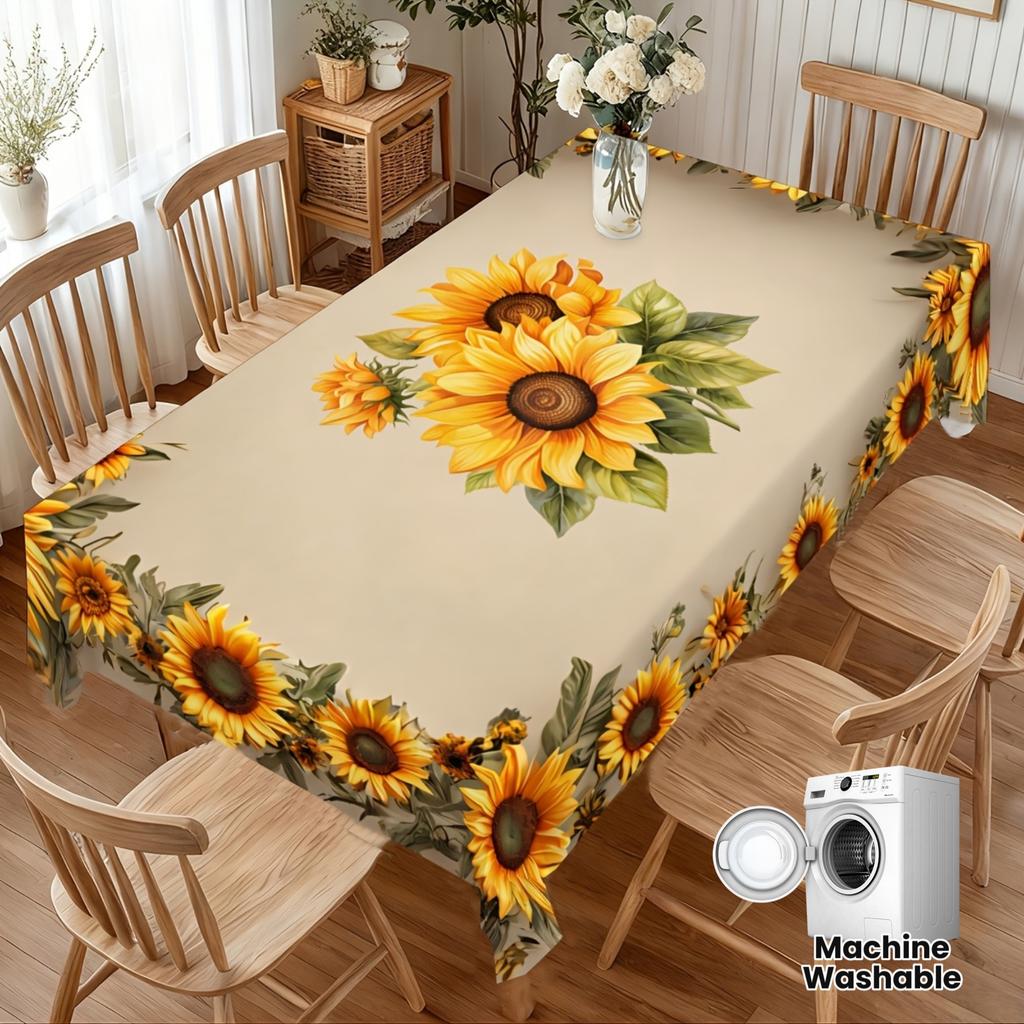 1pc Yellow Sunflower Print Tablecloth | Polyester,Lace Trim Design, Suitable for Indoor and Outdoor Decor