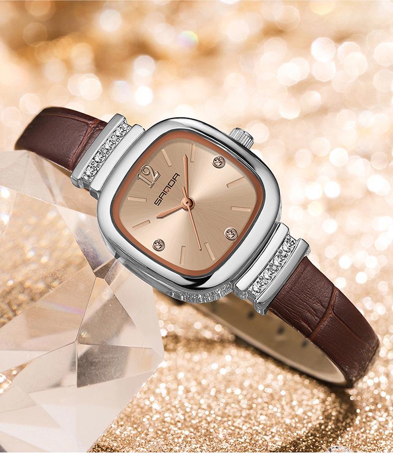 Sanda 7052 Women's Leather Strap Diamond-Accented Small Square Dial Sunburst Quartz Watch