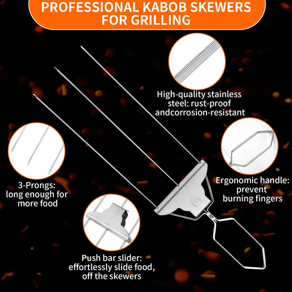 Skewers For Kabobs-Metal Kebab Skewers For Grilling 3-Prong Stainless Steel Skewers for BBQ Reusable Grill Skewers Set for Meat