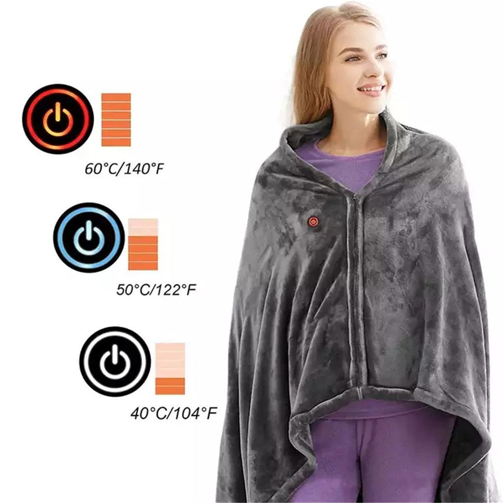 Electric Heating Blanket USB Charging Heated Shawl Zipper Warm Shawl Coral Fleece Plush With 3 Heat Level Settings For Car Home Travel