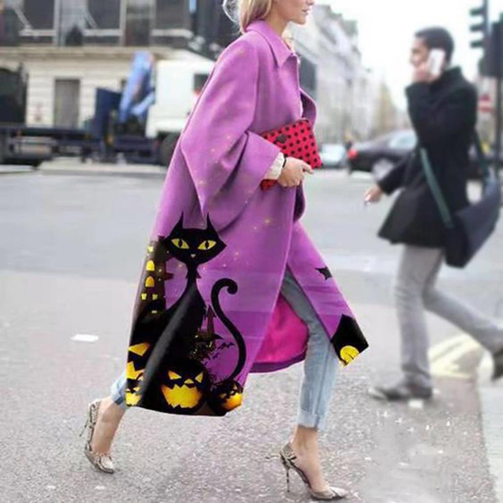 Fashion Women Printed Pocket Jacket Outerwear Cardigan Overcoat Long Trench Coat