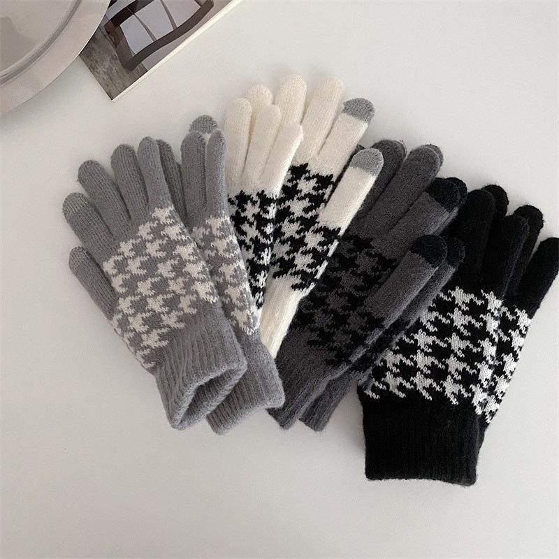 Herbst und Winter Tausend Vogel Gitter Strickhandschuhe für Damen Koreanischer Samt Touchscreen Wärme und Kälteschutz Radfahren Fingerhandschuhe für Herren