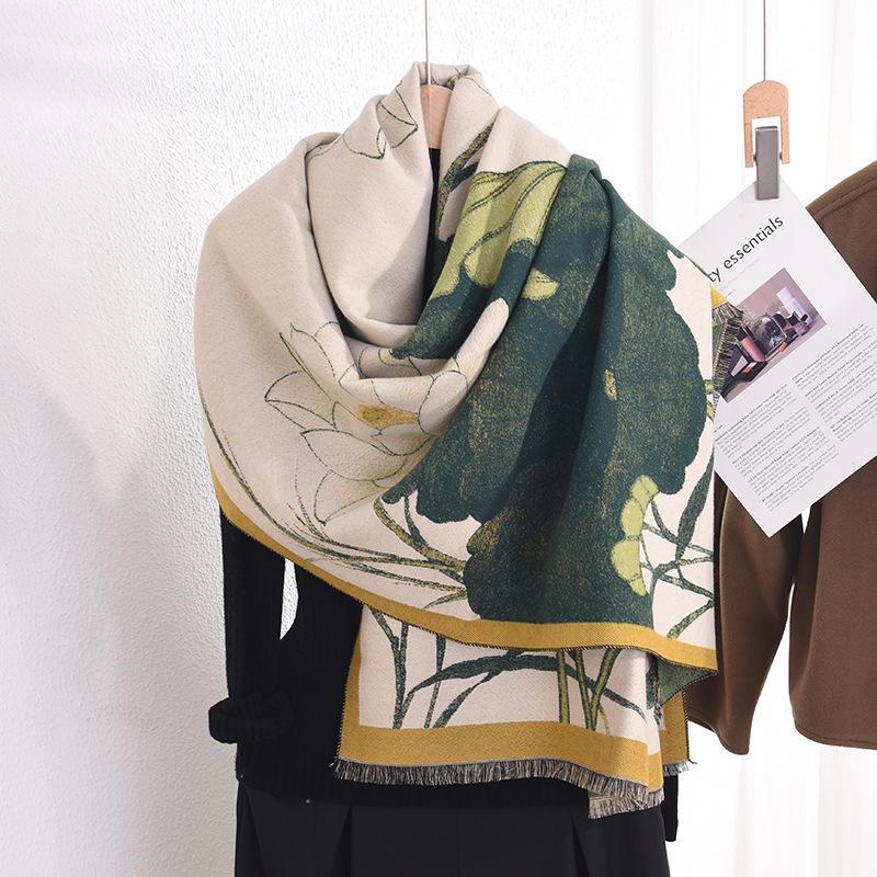 Women's Luxurious Lotus Print Imitation Cashmere Shawl - Warm Autumn/Winter Fashion