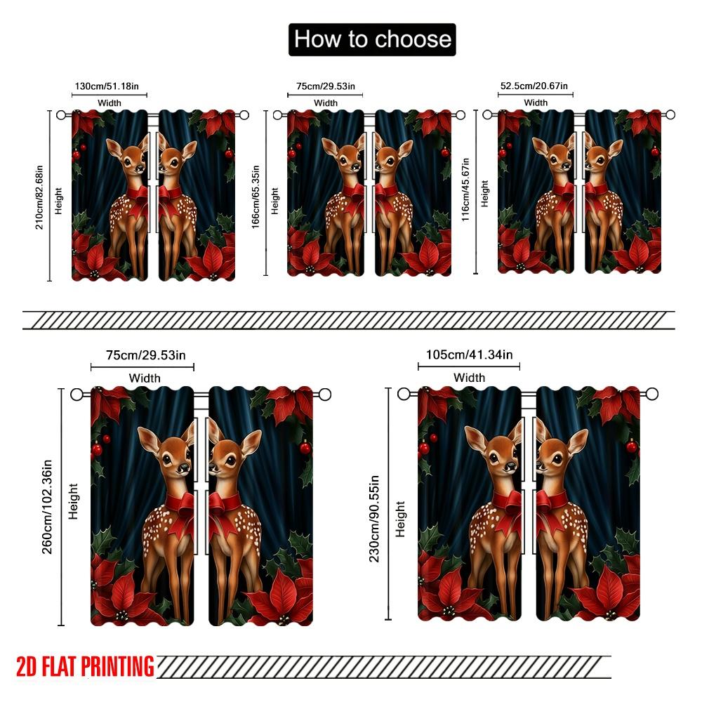 2pcs,2D Plane Printing Window Curtain Cute Fawns Christmas Poinsettias (2) Versatile 100% Polyester (without Rod) Home Decor for
