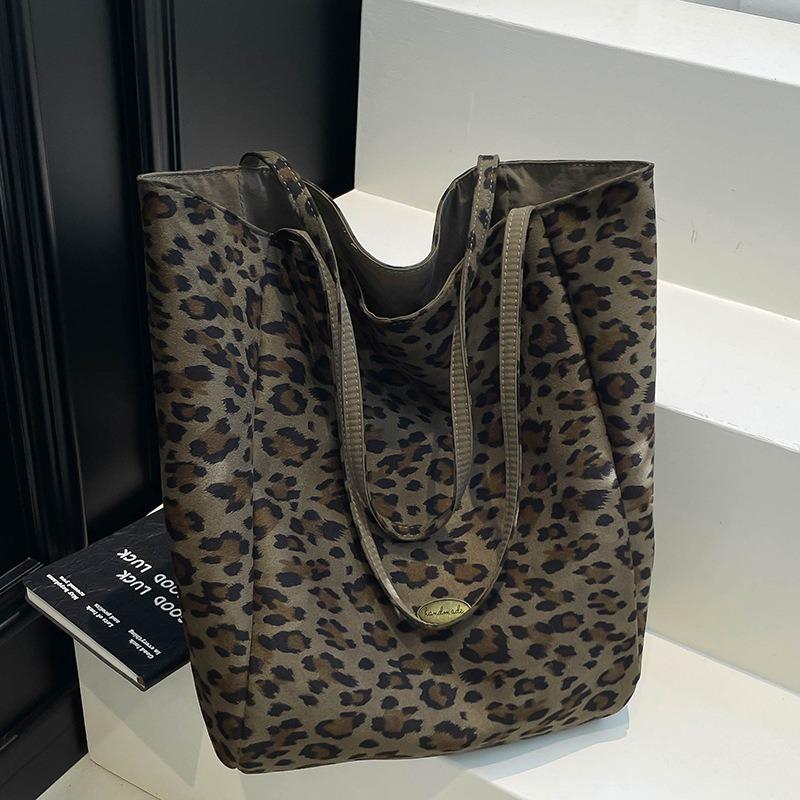 Leopard Print Canvas Bag Women's Autumn New Fashion College Style Tote Bag Casual Shoulder Large Capacity Cloth Bag