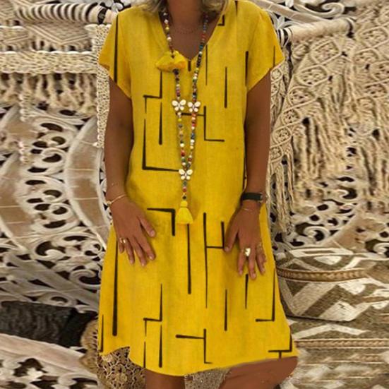 Robe Vintage pour Femme, Couleur Unie, Col en V, Manches Courtes, Imprimée, Coupe Ample, Longueur Genou