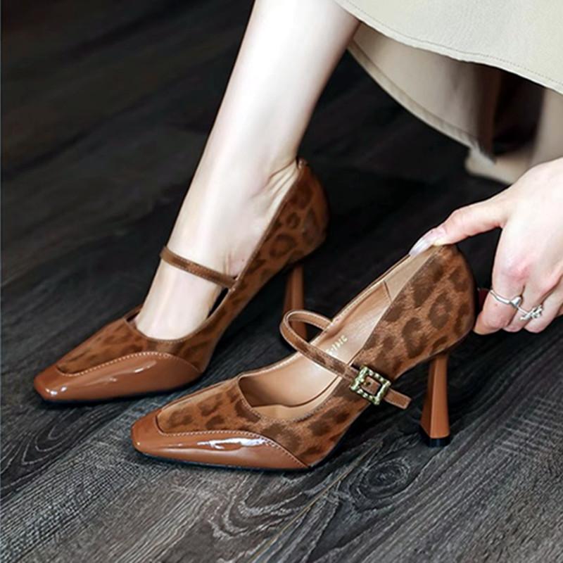 Fashion Sexy Leopard Women Pumps Elegant Buckle Strap Design Thin High Heels 9cm Autumn Party Wedding Bride Shoe Mary Jane Pumps Tacones