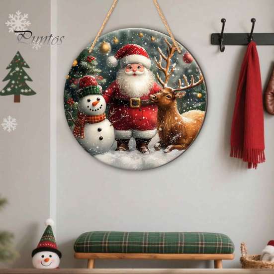 Rustic Christmas Wall Decor Wooden Round Hanging Sign, Santa Claus Highland Cow Winter Theme Farmhouse Ornament Door Decor, Holiday Welcome for Indoor