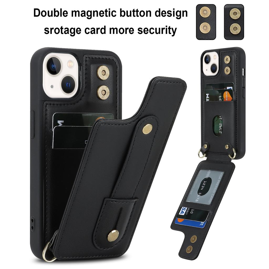Card Holder Shell for iPhone 15,Kickstand Case PU Leather Coated TPU Phone Cover with Shoulder Strap