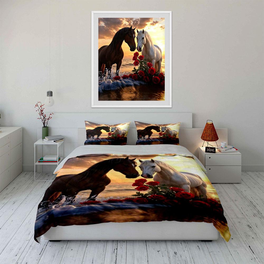 3pc,Soft,Comfortable,Breathable,Horse and Rose Pattern Printed Duvet Cover Set,Suitable for All Seasons,for Bedroom Guest Rooms